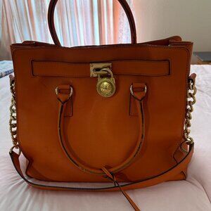 Michael Kors Hamilton Large Leather Satchel Tote Bag in Orange